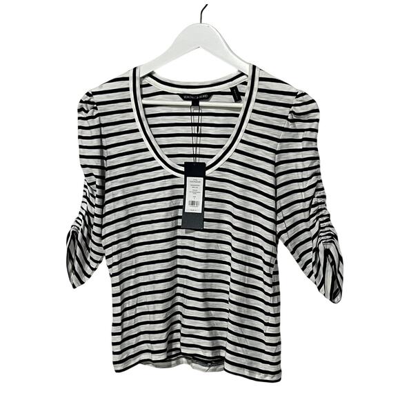 VERONICA BEARD TOP WOMENS SIZE SMALL NETTO TEE SHIRT PUFF SLEEVE NAVY WHITE - Picture 6 of 15